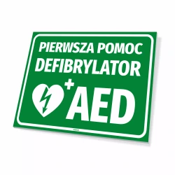 Tabliczka: pierwsza pomoc, defibrylator AED