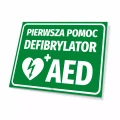Tabliczka: pierwsza pomoc, defibrylator AED