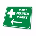 Tabliczka: punkt pierwszej pomocy, kierunek w lewo