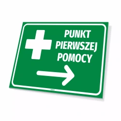 Tabliczka: punkt pierwszej pomocy, kierunek w prawo
