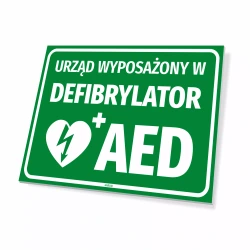 Tabliczka: urząd wyposażony w defibrylator AED