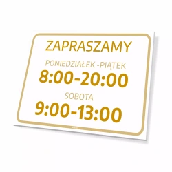 Tabliczka: zapraszamy z dniami i godzinami handlu